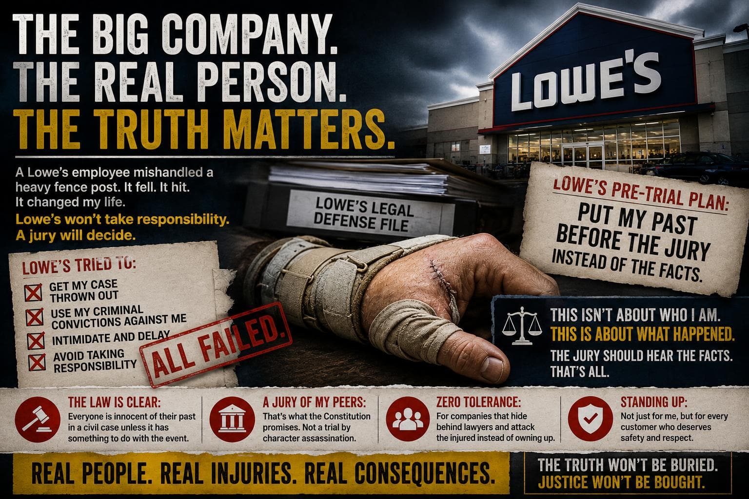 The Big Company. The Real Person. The Truth Matters. — a summary graphic on the Reardon v. Lowe's case